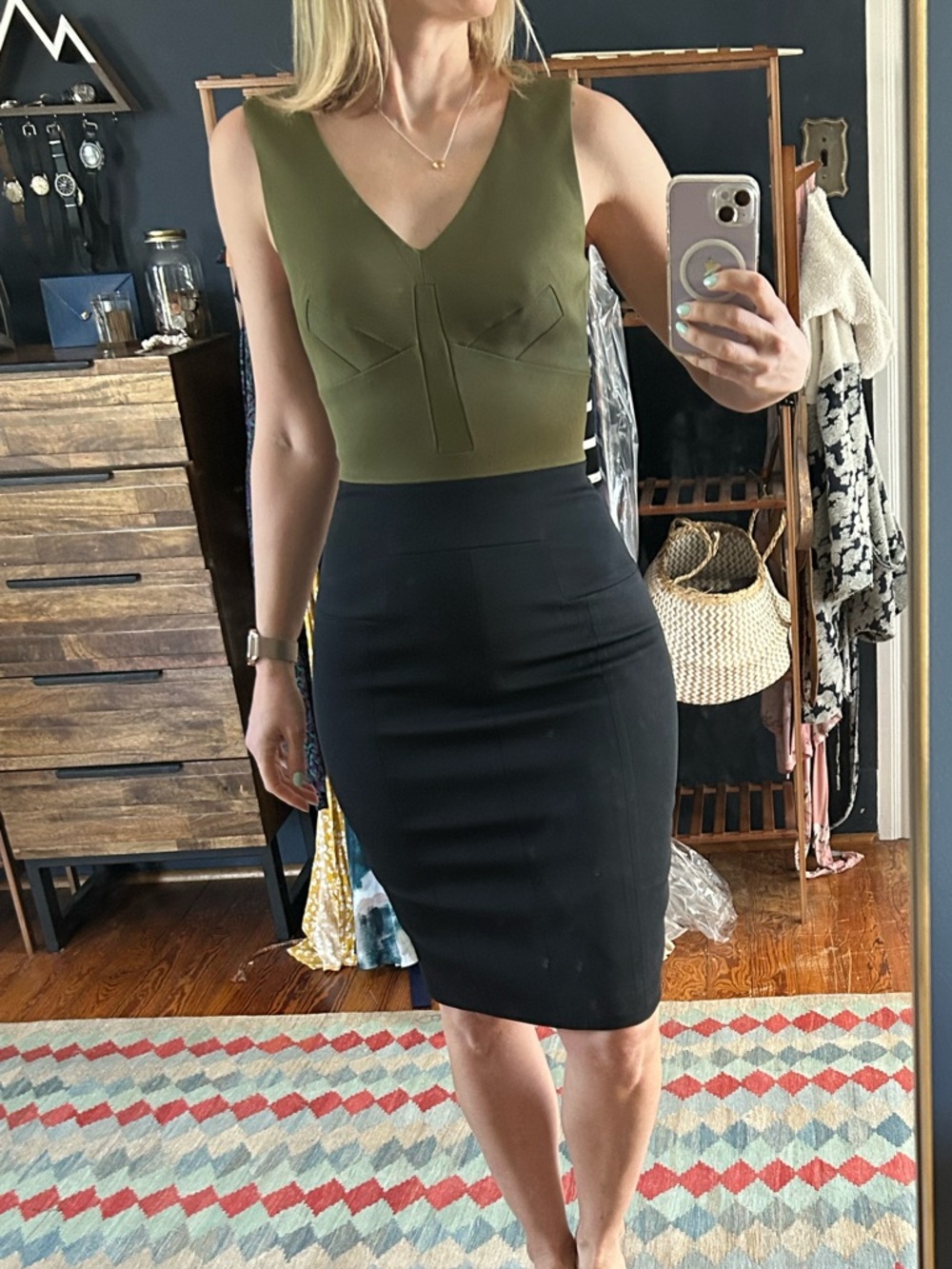 Karen Millen Olive & Navy Fitted Midi Dress
